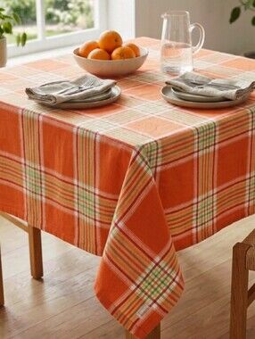 European-Portugal 100% Cotton Plaid Orange Tablecloth New Unused